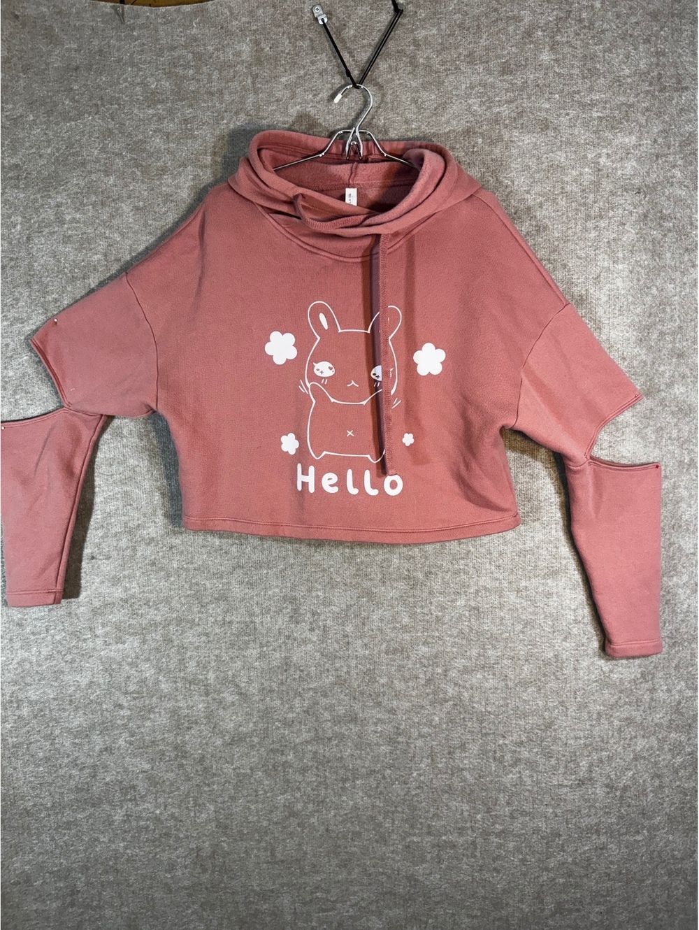 Pink Bunny Cropped Hoodie M Hello Goodbye Cutout Sleeve Kawaii Y2K Bella Canvas